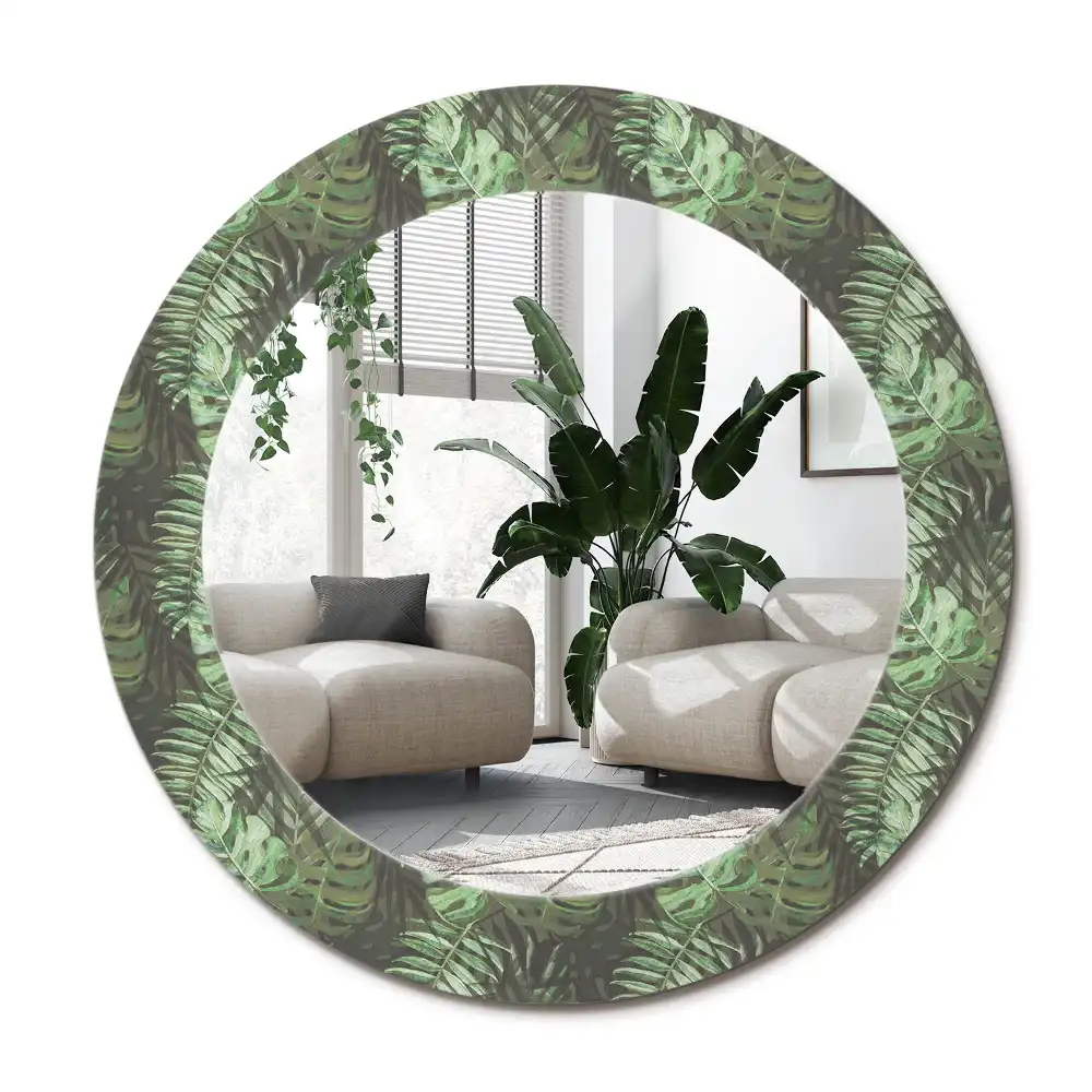 Specchio rotondo con cornice stampata Foglie tropicali