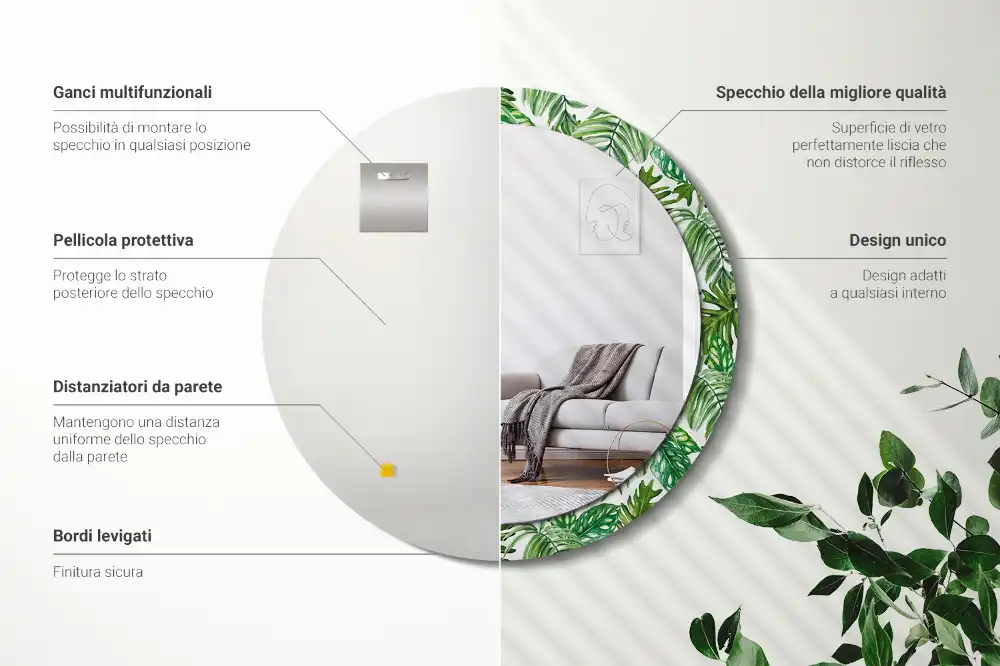 Specchio circolare decoro Foglie della giungla