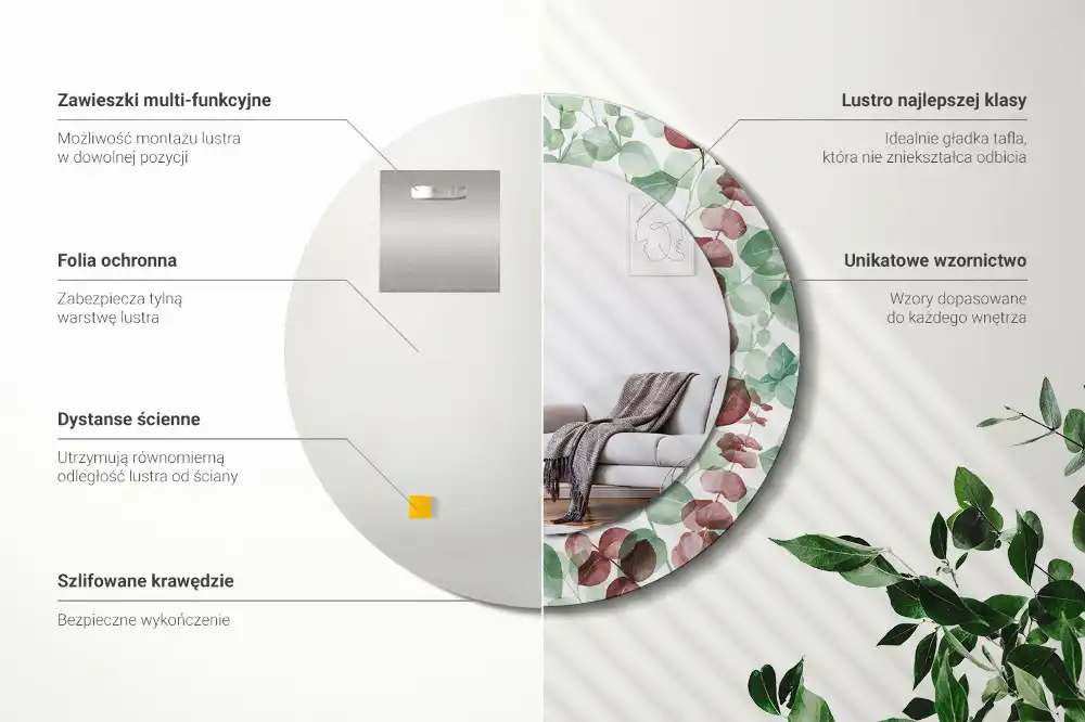 Specchio rotondo con cornice stampata Eucalipto