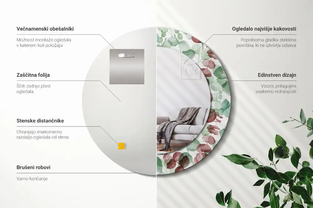 Specchio rotondo con cornice stampata Eucalipto