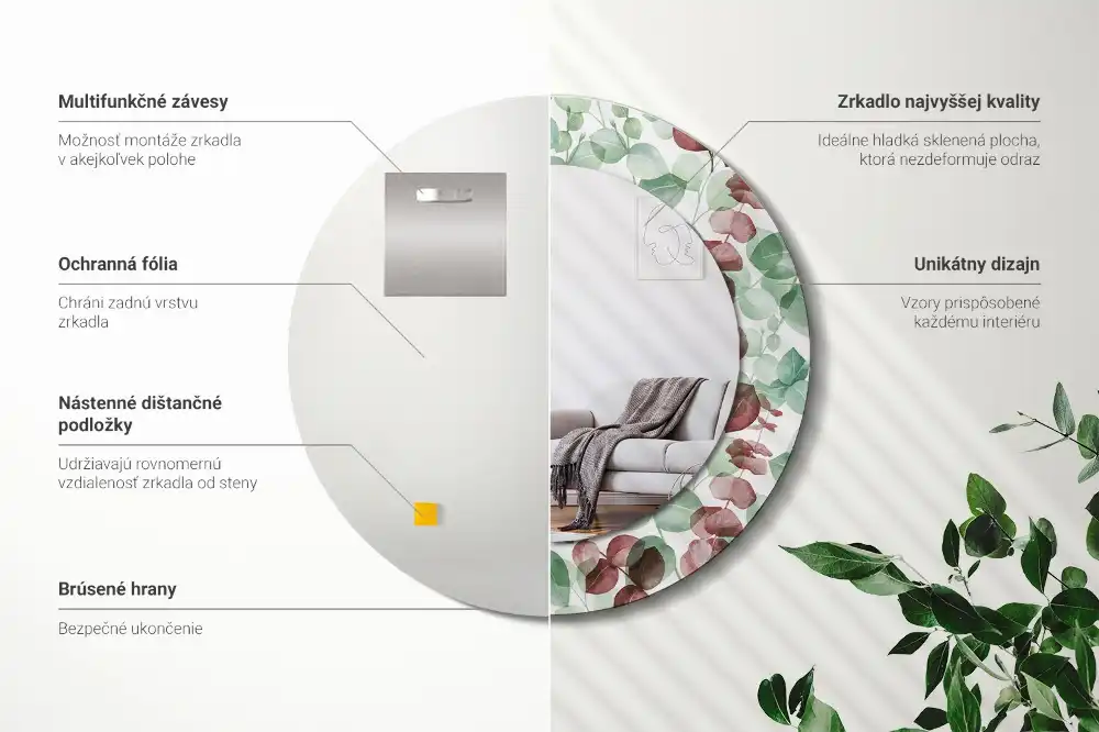 Specchio rotondo con cornice stampata Eucalipto