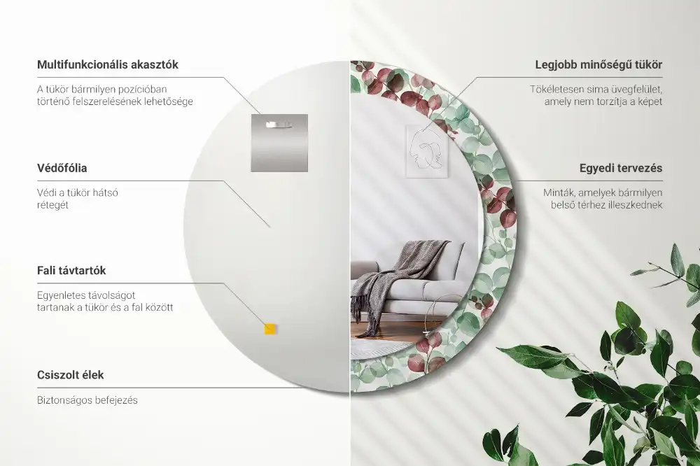 Specchio rotondo con cornice stampata Eucalipto