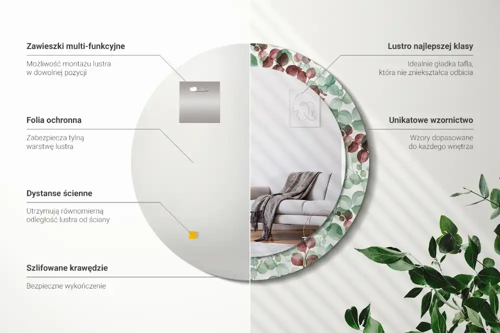 Specchio rotondo con cornice stampata Eucalipto