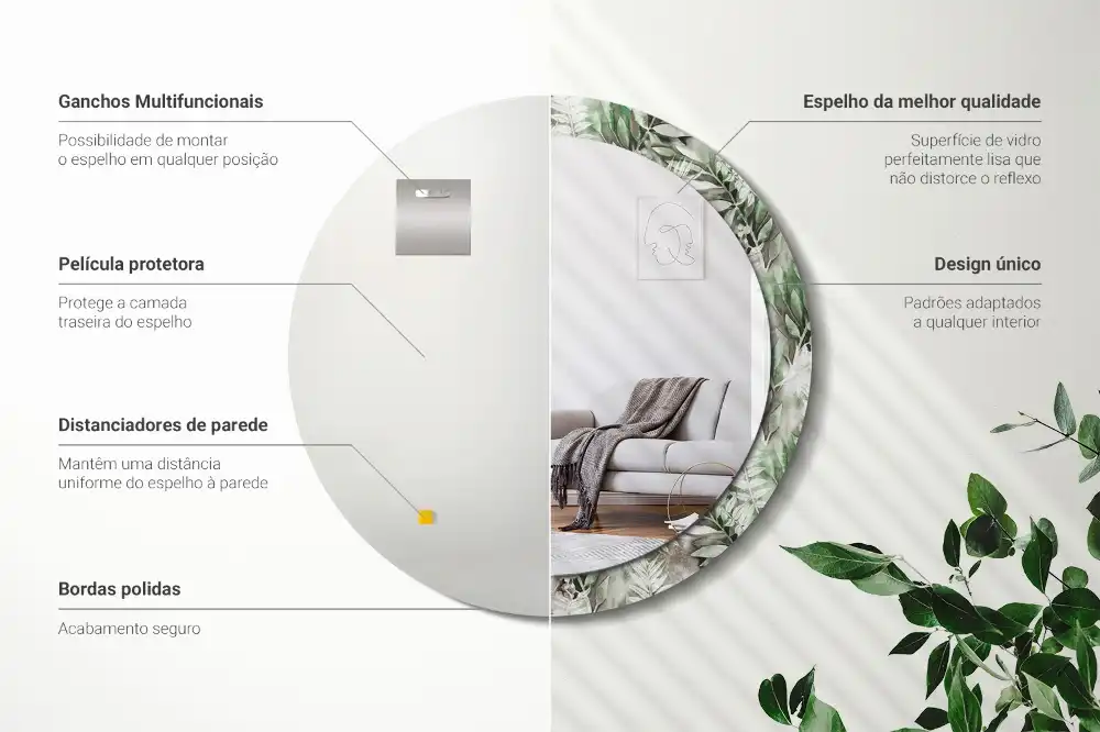 Specchio rotondo con cornice stampata Foglie acquerellate