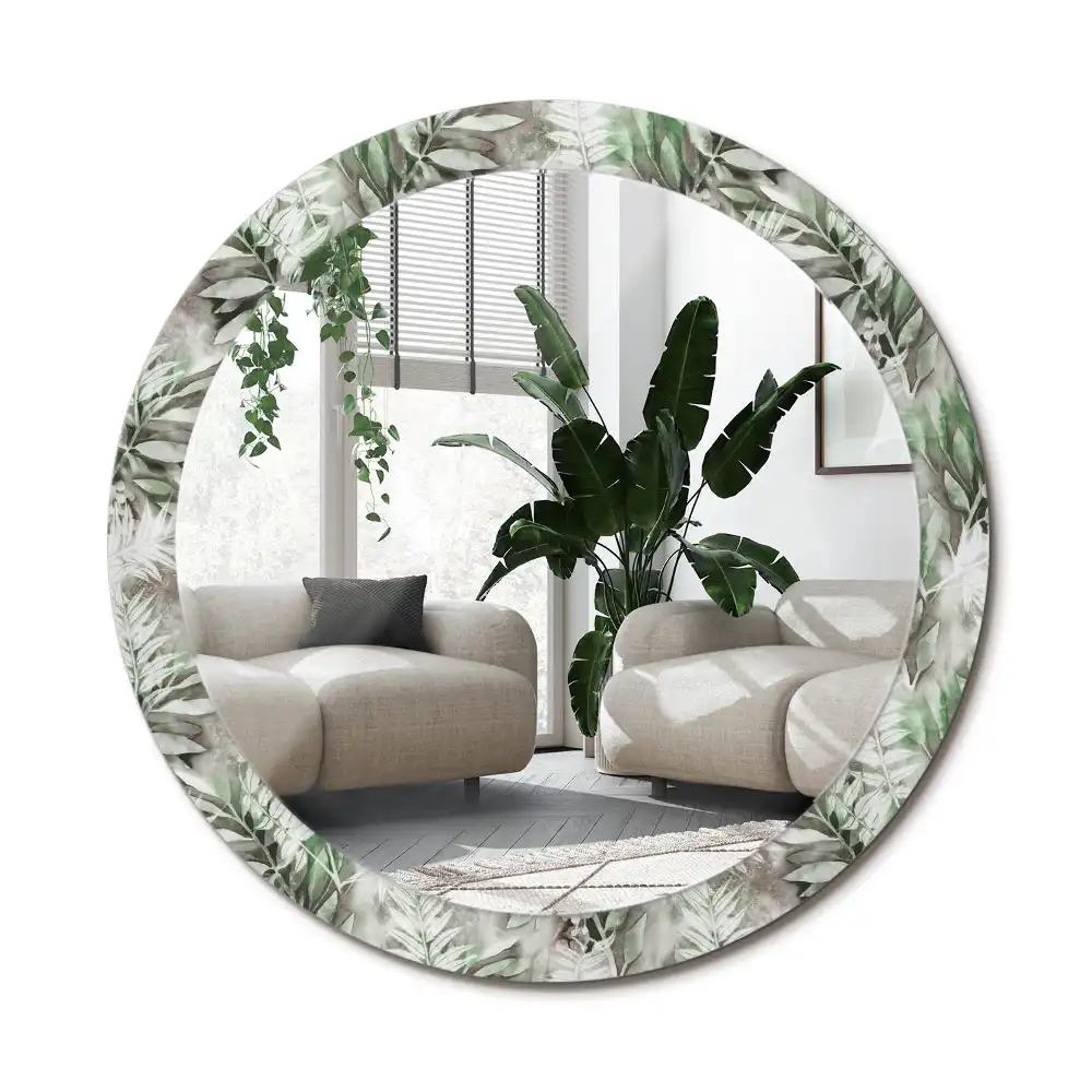 Specchio rotondo con cornice stampata Foglie acquerellate