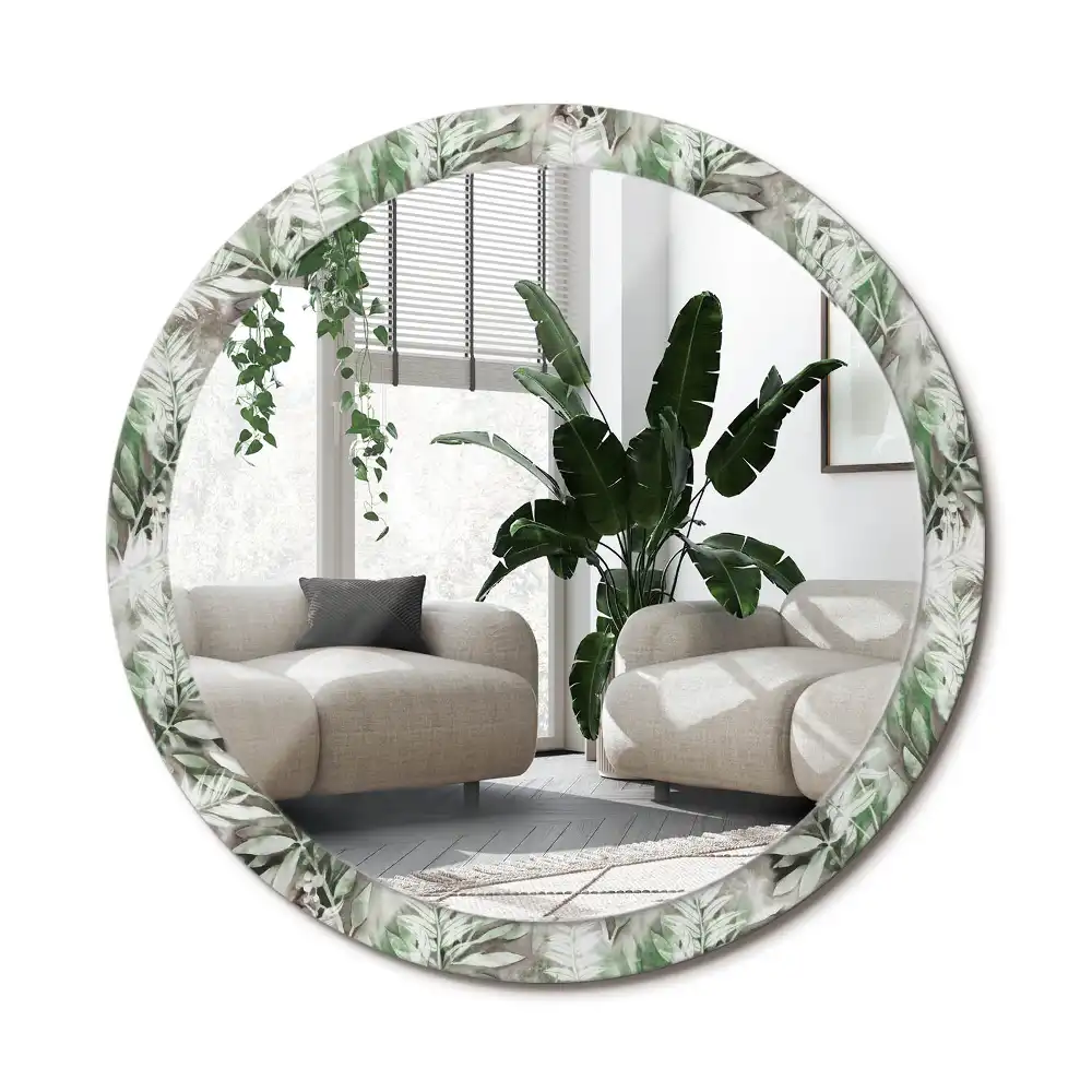Specchio rotondo con cornice stampata Foglie acquerellate