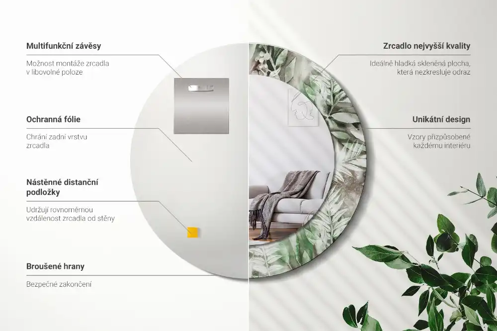 Specchio rotondo con cornice stampata Foglie acquerellate