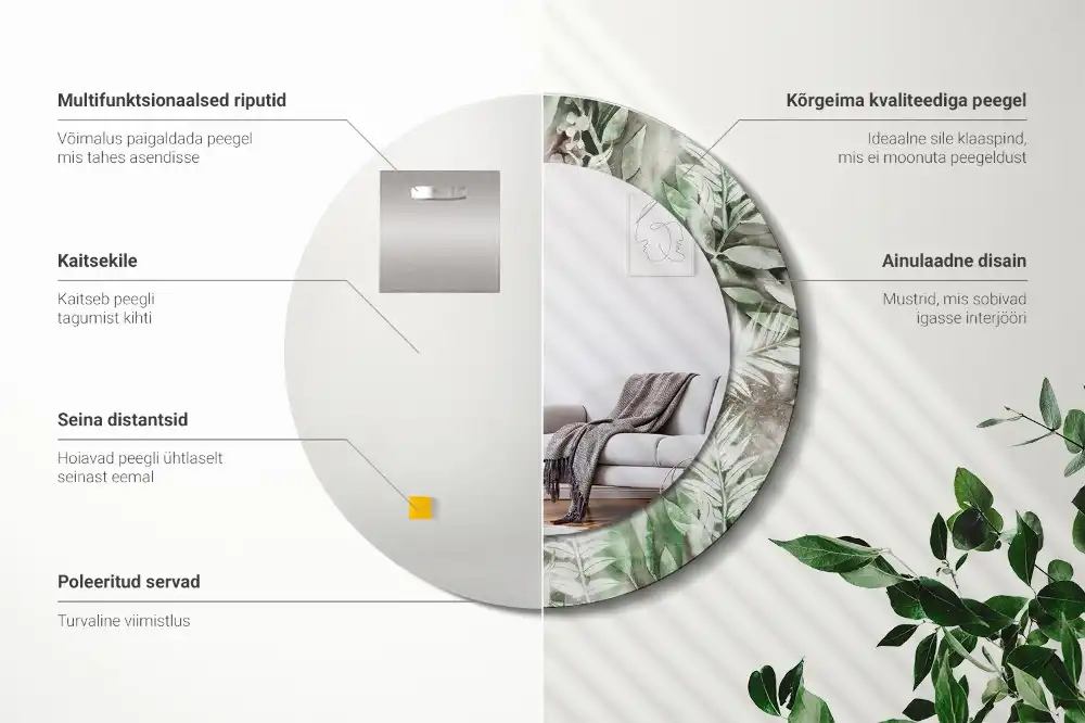 Specchio rotondo con cornice stampata Foglie acquerellate