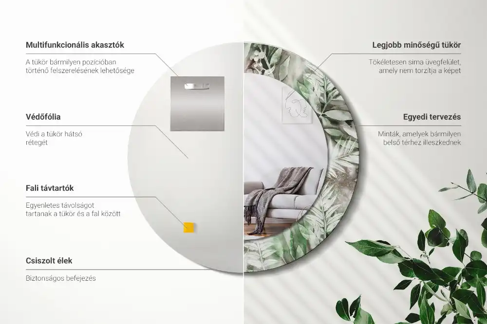 Specchio rotondo con cornice stampata Foglie acquerellate