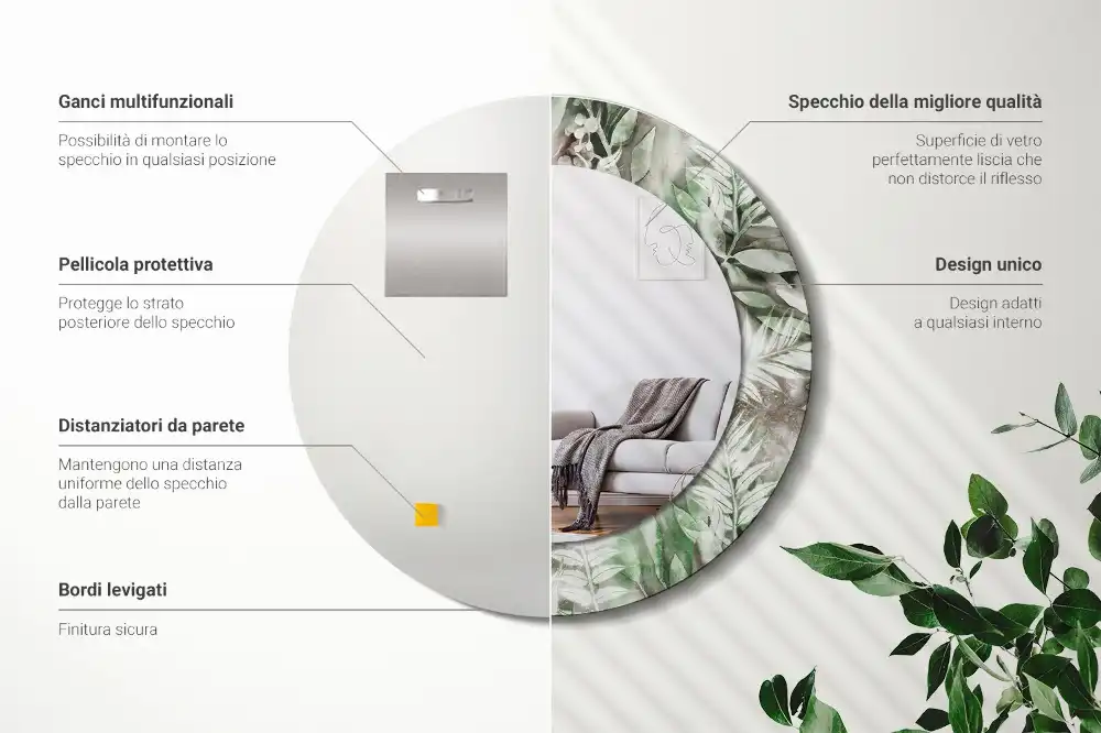 Specchio rotondo con cornice stampata Foglie acquerellate