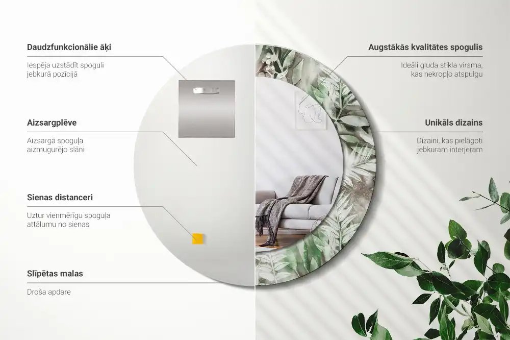 Specchio rotondo con cornice stampata Foglie acquerellate