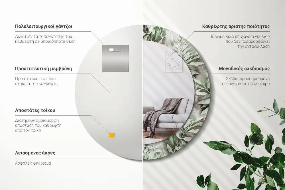 Specchio rotondo con cornice stampata Foglie acquerellate