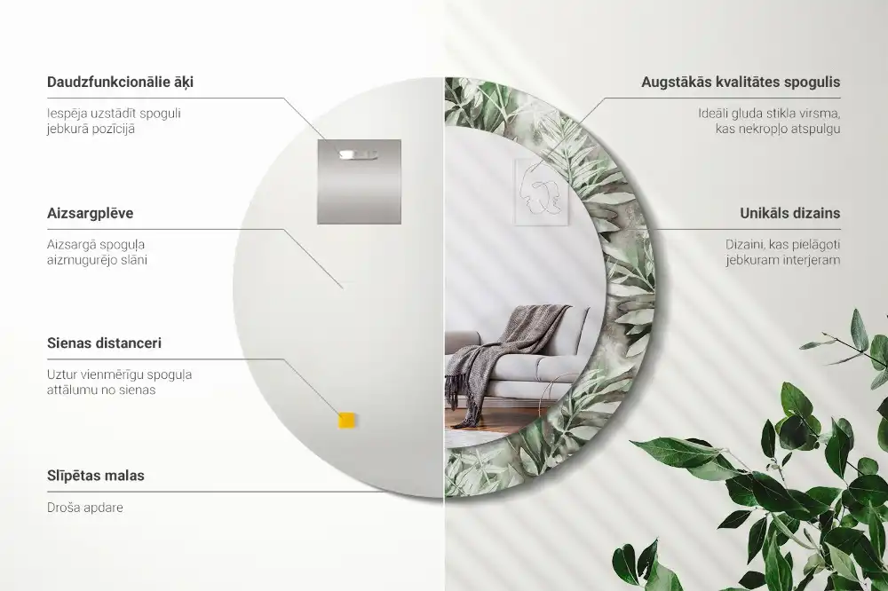 Specchio rotondo con cornice stampata Foglie acquerellate