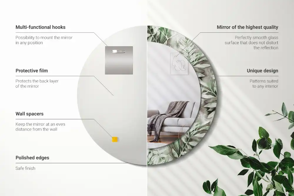 Specchio rotondo con cornice stampata Foglie acquerellate