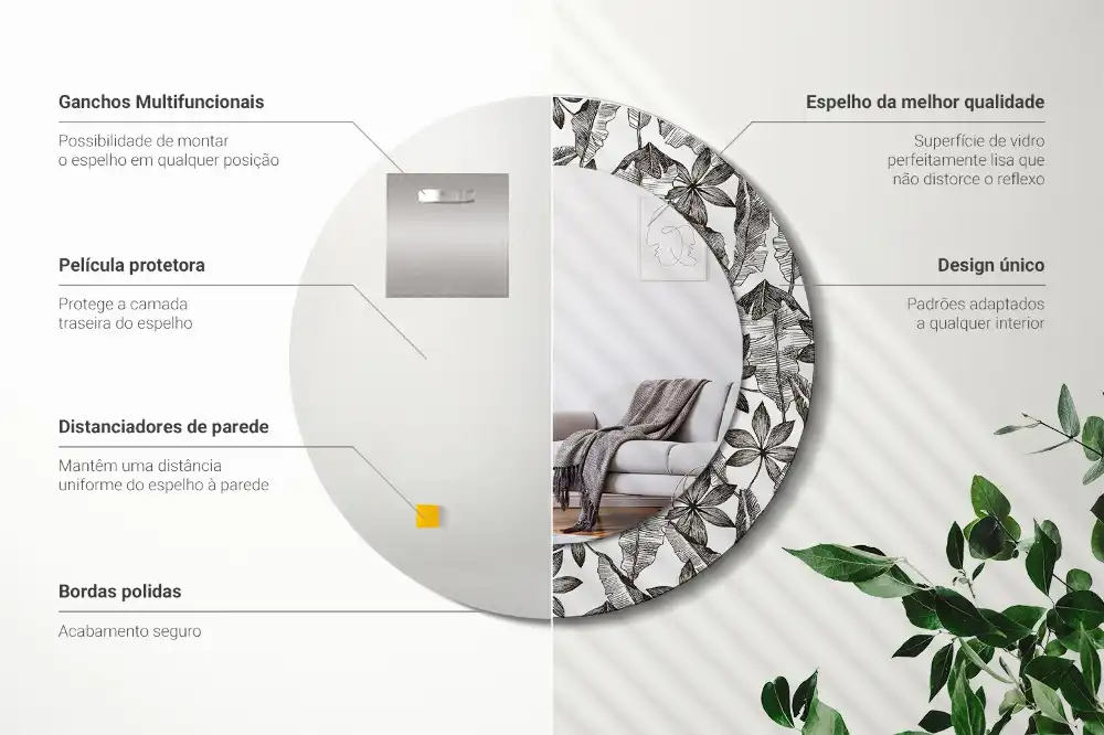 Specchio rotondo con cornice stampata Foglie tropicali