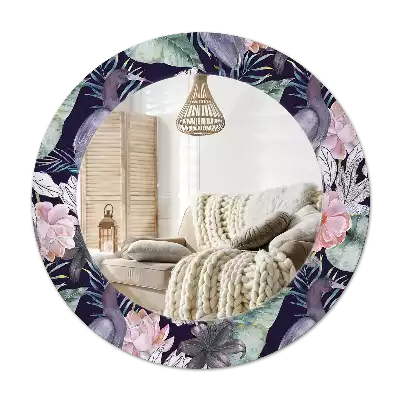 Specchio rotondo con cornice stampata uccelli aironi