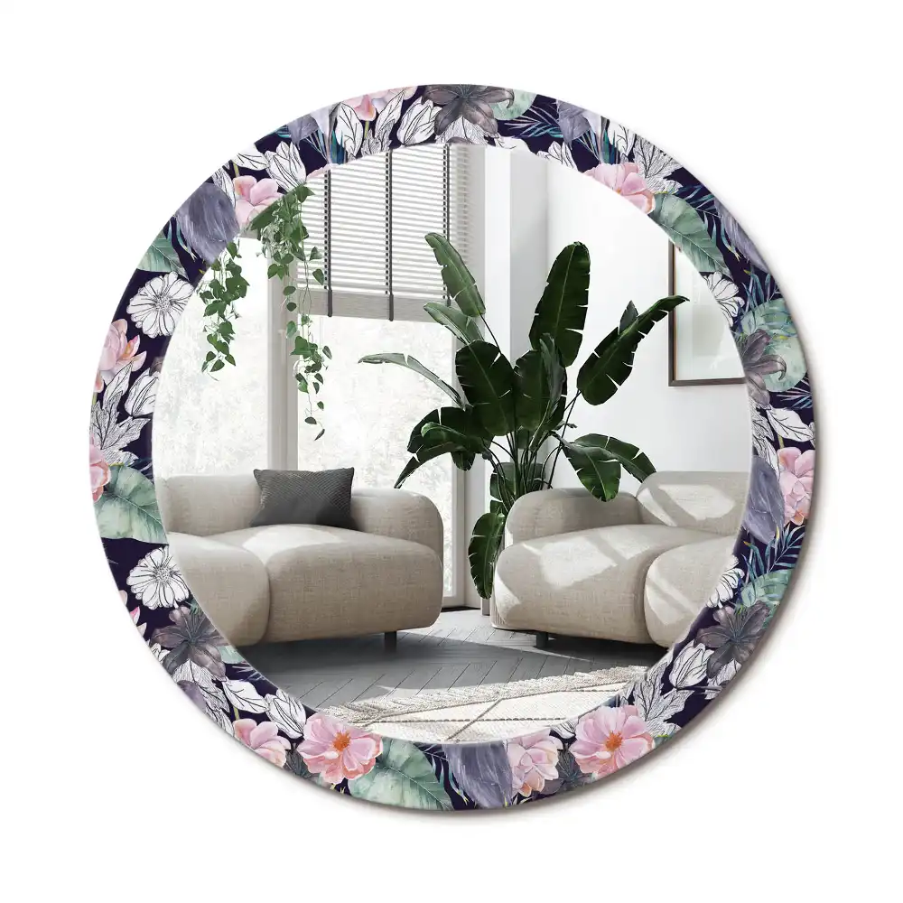 Specchio rotondo con cornice stampata uccelli aironi