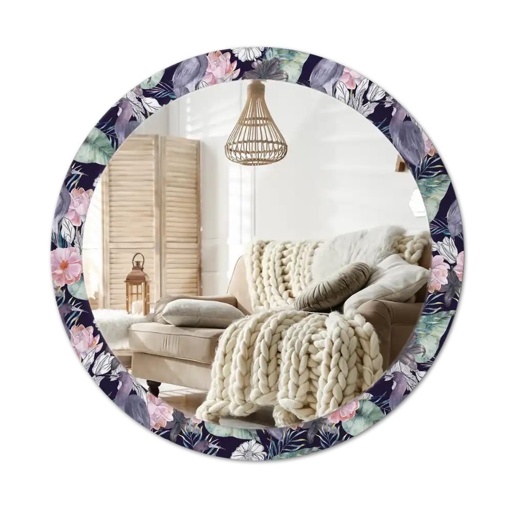 Specchio rotondo con cornice stampata uccelli aironi