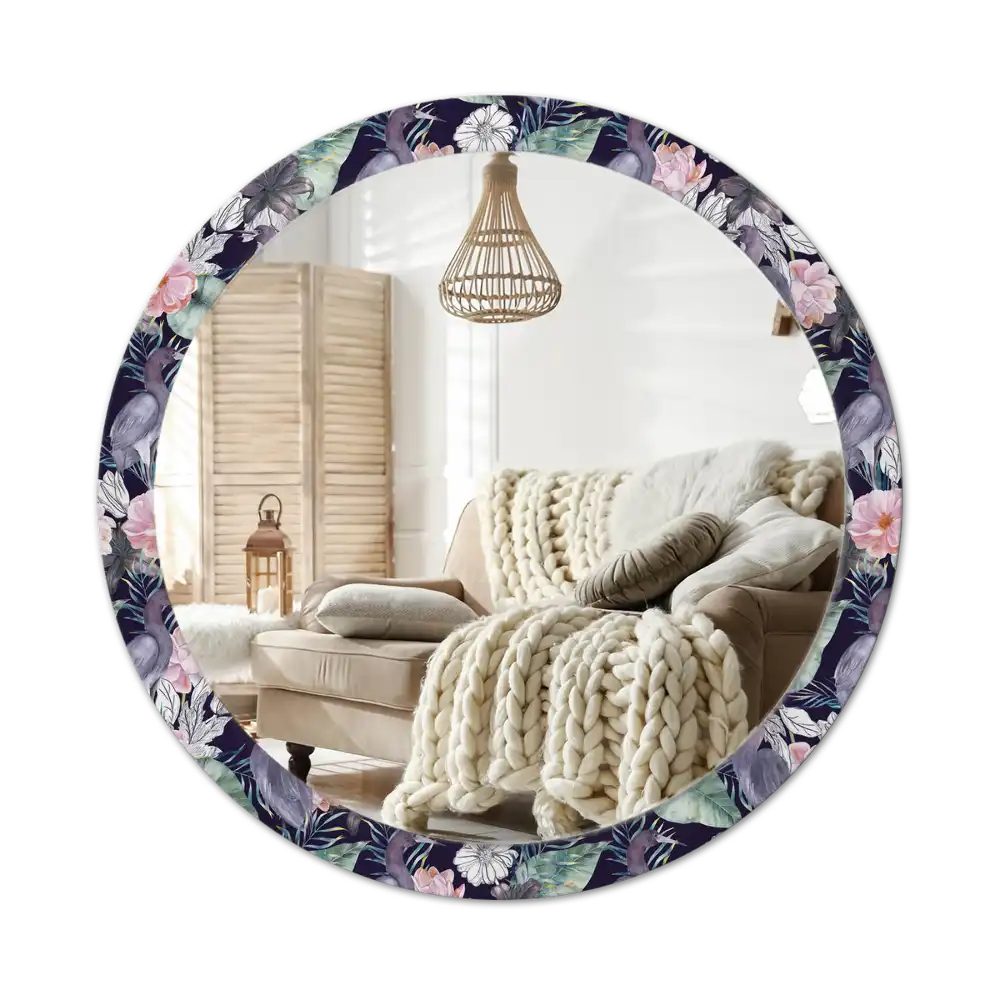 Specchio rotondo con cornice stampata uccelli aironi