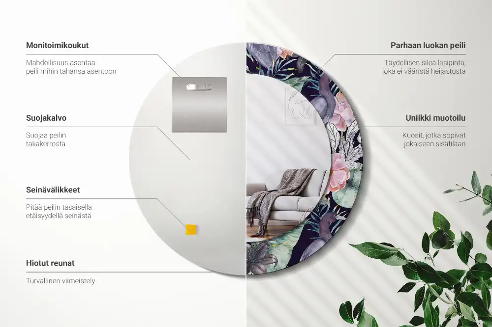 Specchio rotondo con cornice stampata uccelli aironi