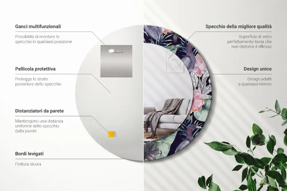 Specchio rotondo con cornice stampata uccelli aironi