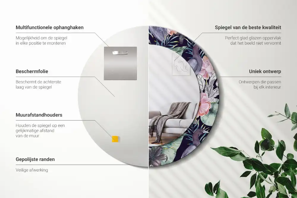 Specchio rotondo con cornice stampata uccelli aironi