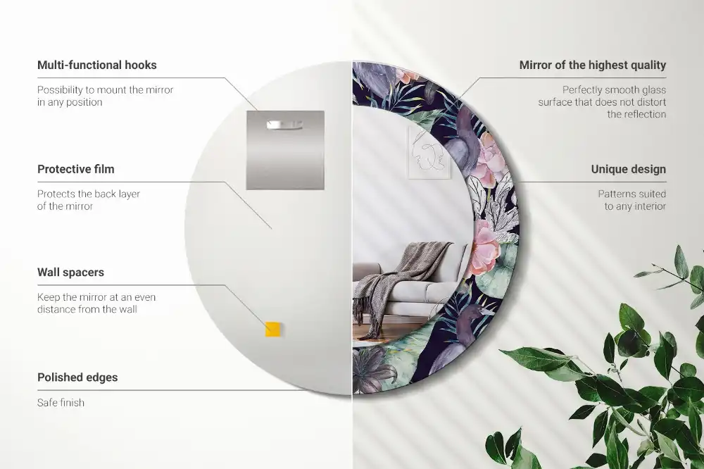 Specchio rotondo con cornice stampata uccelli aironi