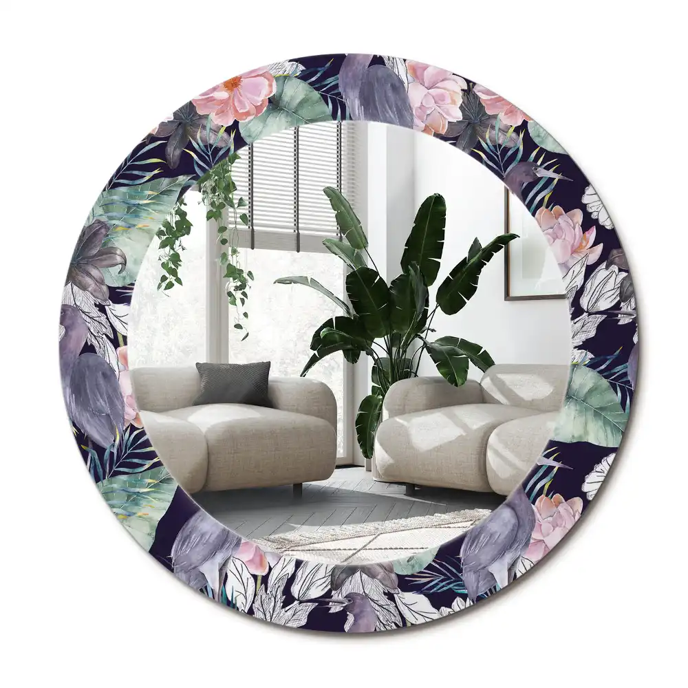 Specchio rotondo con cornice stampata uccelli aironi