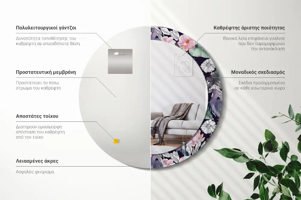 Specchio rotondo con cornice stampata uccelli aironi