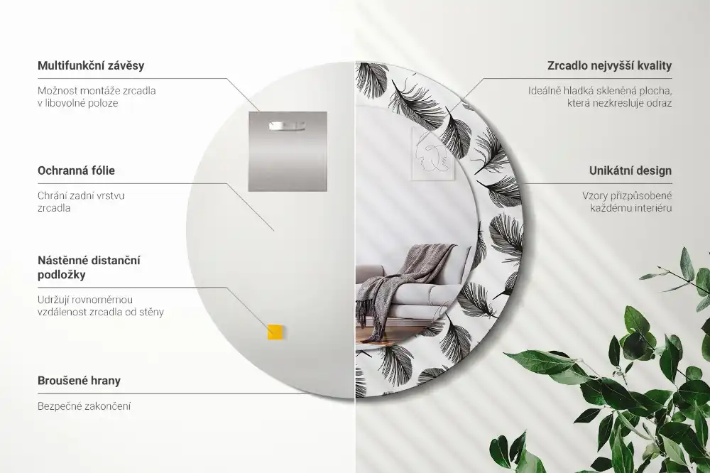 Specchio circolare stampato Piume