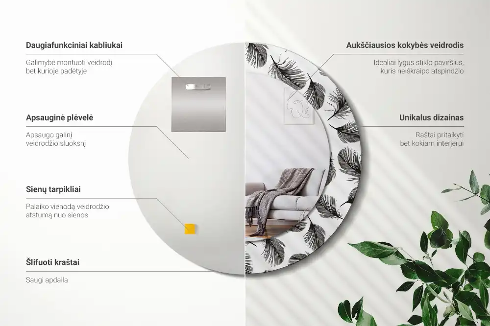 Specchio circolare stampato Piume