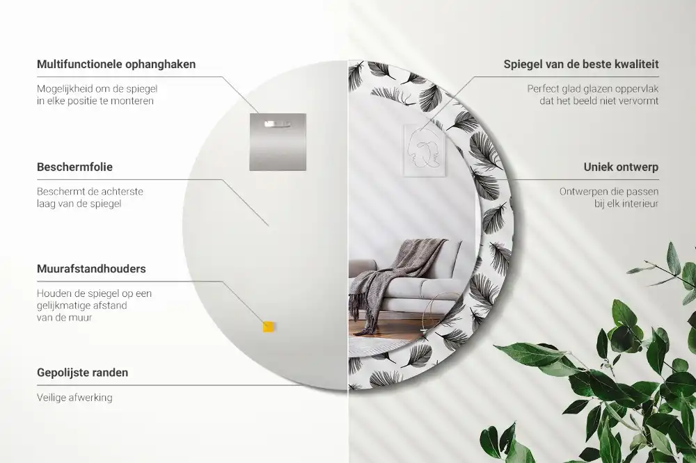 Specchio circolare stampato Piume