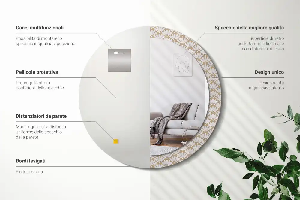 Specchio circolare stampato fiore orientale