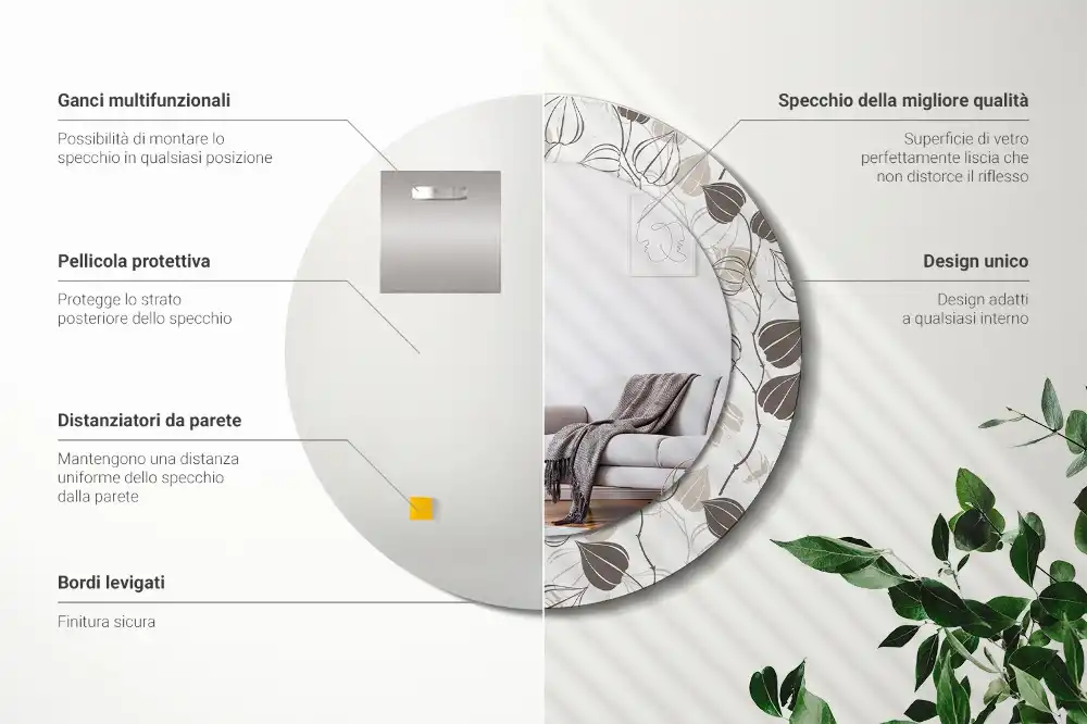 Specchio rotondo con cornice stampata Floreale astratto