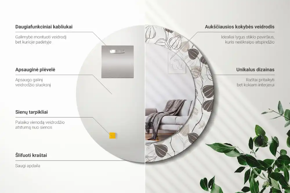 Specchio rotondo con cornice stampata Floreale astratto