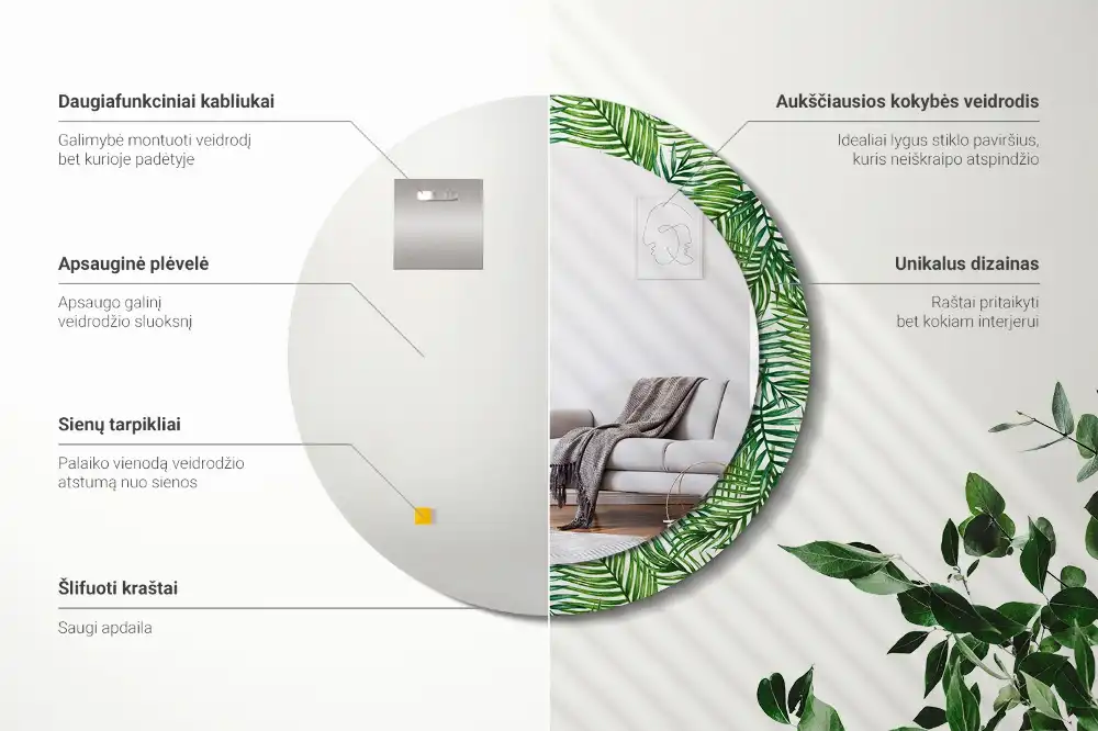 Specchio circolare stampato Palma tropicale