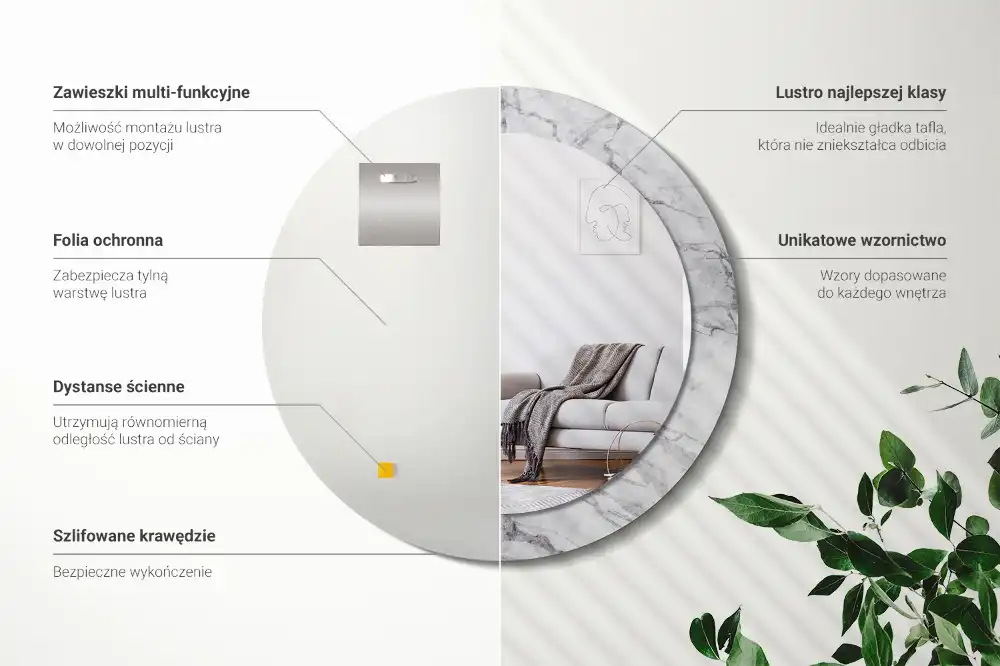 Specchio rotondo con cornice stampata marmo bianco