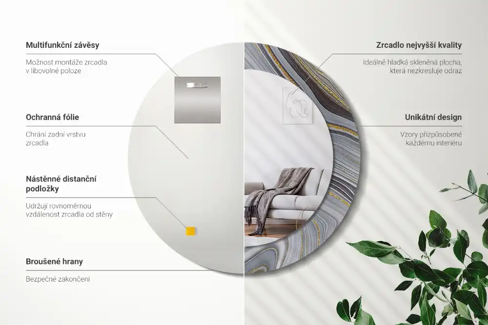 Specchio rotondo con cornice stampata marmo grigio