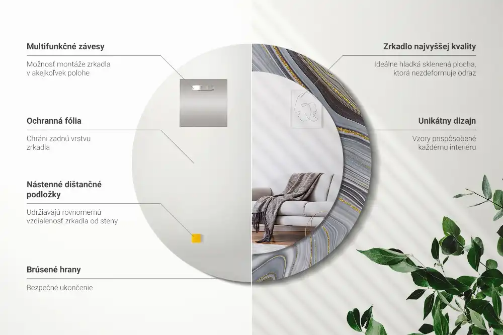 Specchio rotondo con cornice stampata marmo grigio