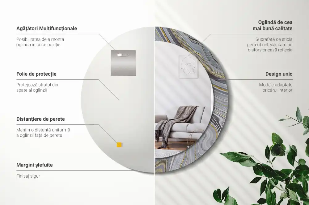 Specchio rotondo con cornice stampata marmo grigio