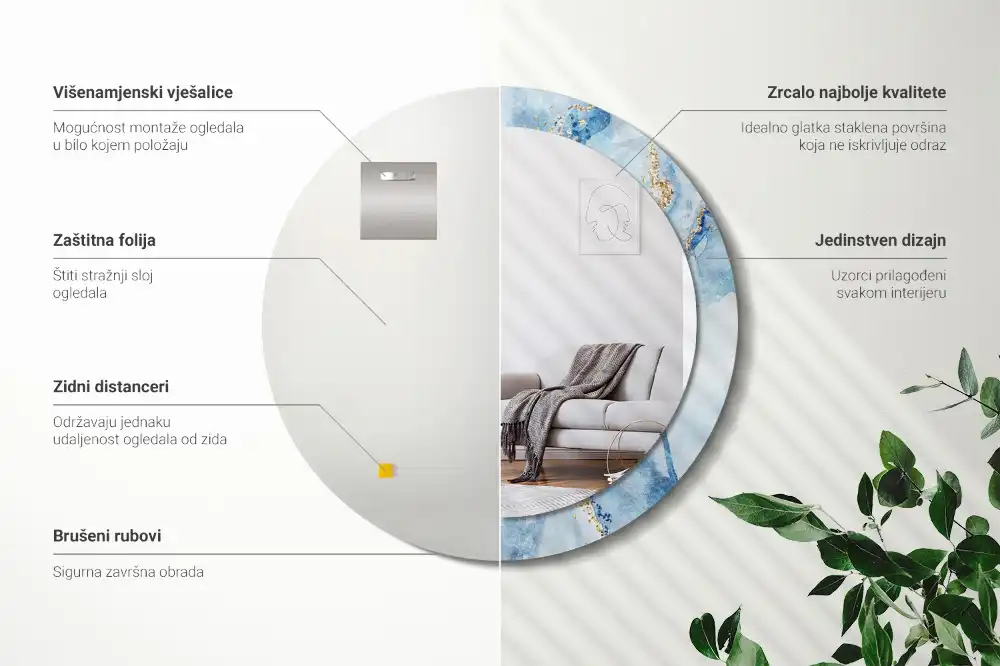 Specchio circolare stampato marmo blu
