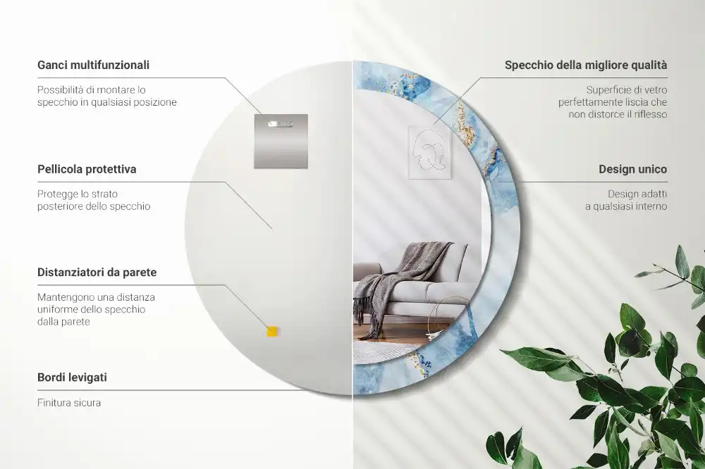 Specchio circolare stampato marmo blu
