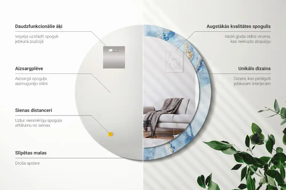Specchio circolare stampato marmo blu