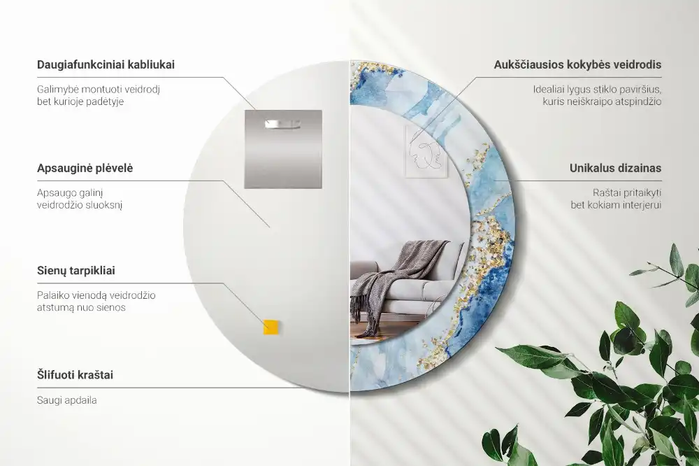 Specchio circolare stampato marmo blu