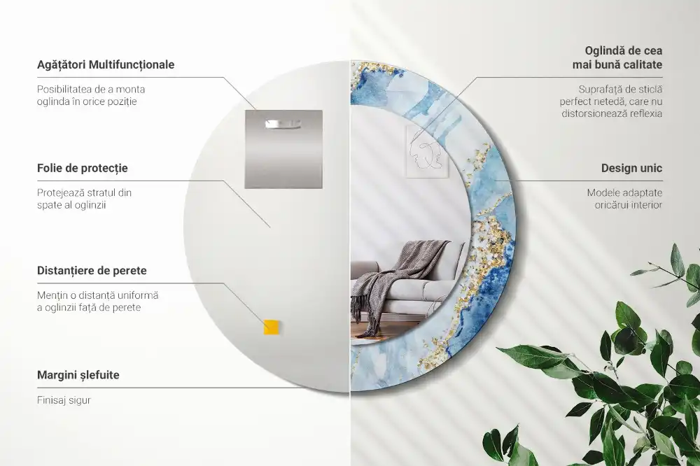 Specchio circolare stampato marmo blu