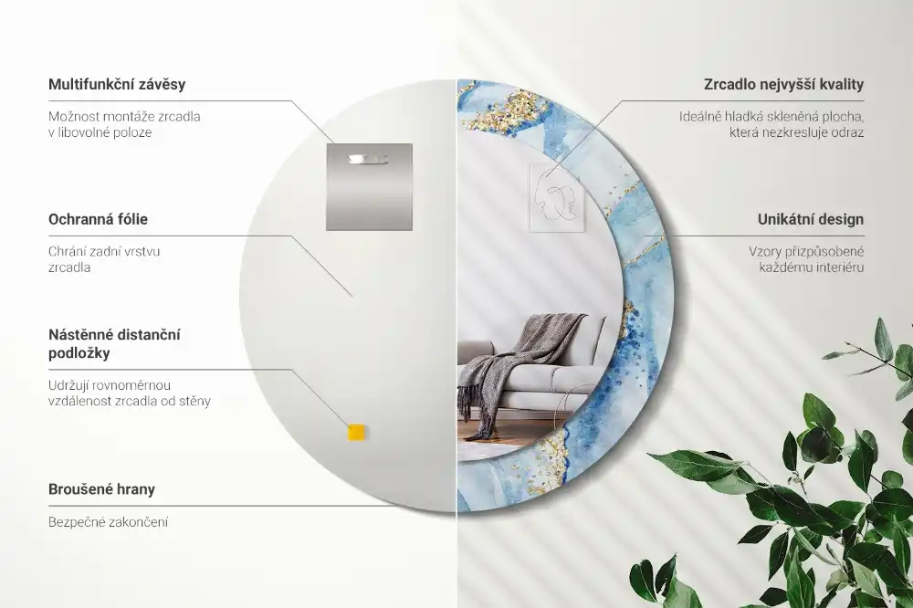 Specchio circolare stampato marmo blu