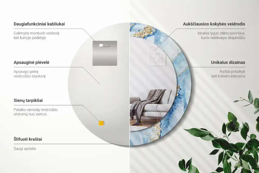 Specchio circolare stampato marmo blu