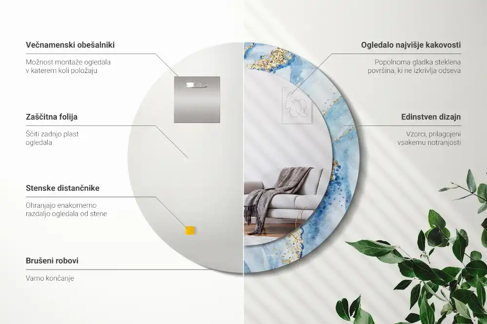 Specchio circolare stampato marmo blu