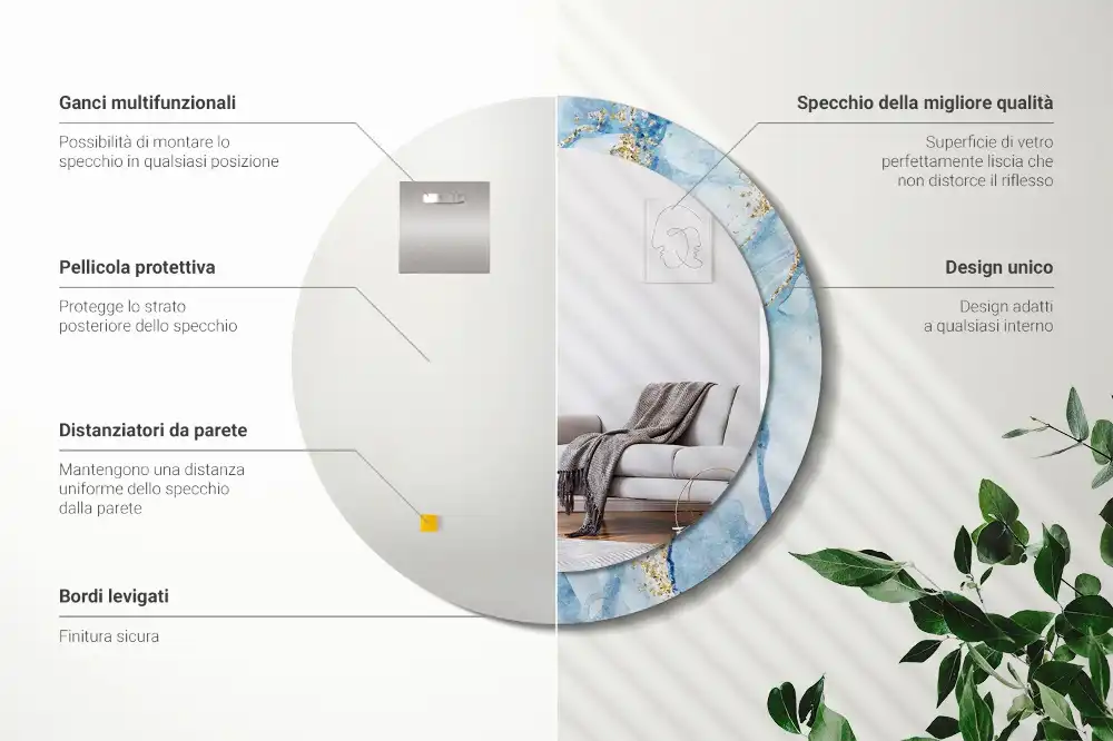 Specchio circolare stampato marmo blu