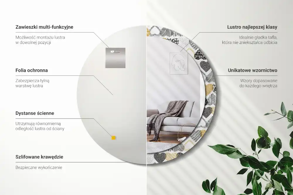 Specchio rotondo con cornice stampata Cuori in stile scarabocchio